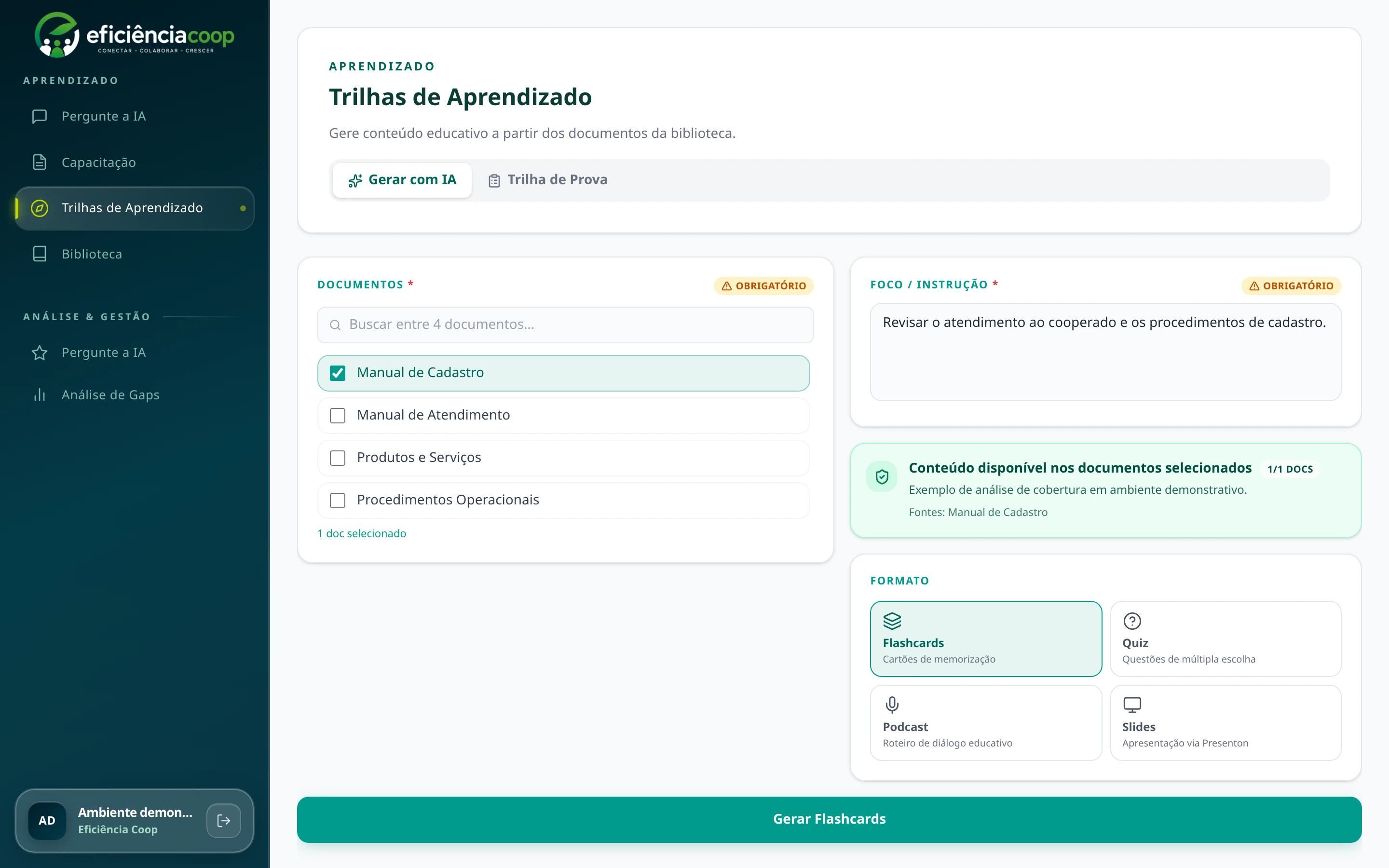 Tela real de trilhas: seleção de documentos, instrução de estudo e formatos de conteúdo, em ambiente de demonstração da Eficiência Coop.